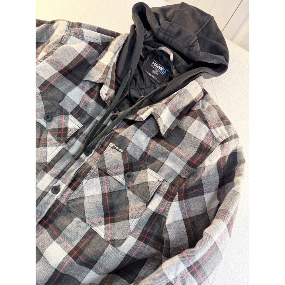 Tony Hawk Mens XL Hooded Flannel Shirt Jacket Quilted Lined Plaid Grey Black Red